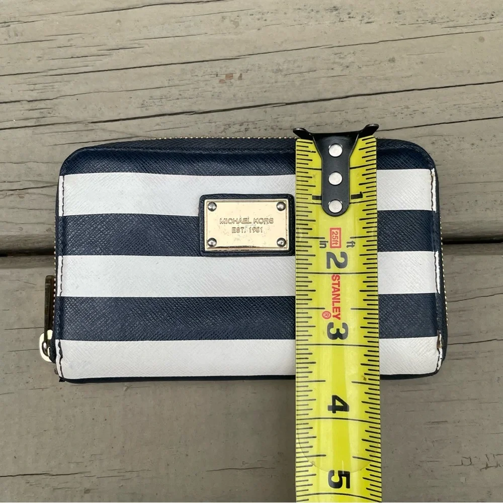 Michael Kors Blue White Leather Striped Zip Around Wallet